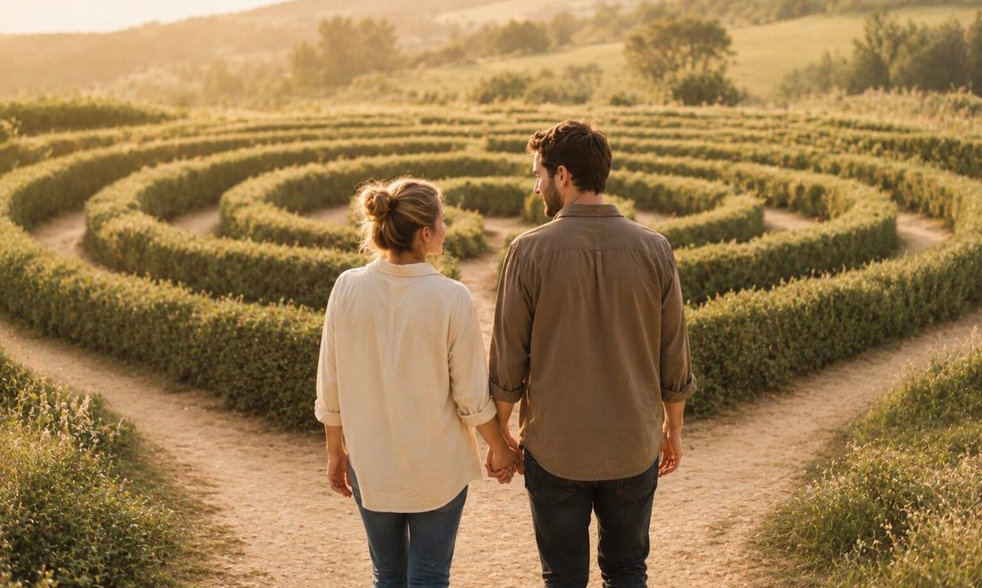 A couple holding hands, walking together through a hedge maze at golden hour