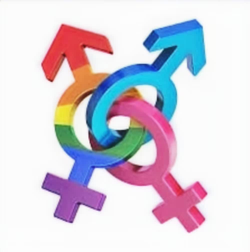 Interlinked gender symbols in rainbow colours